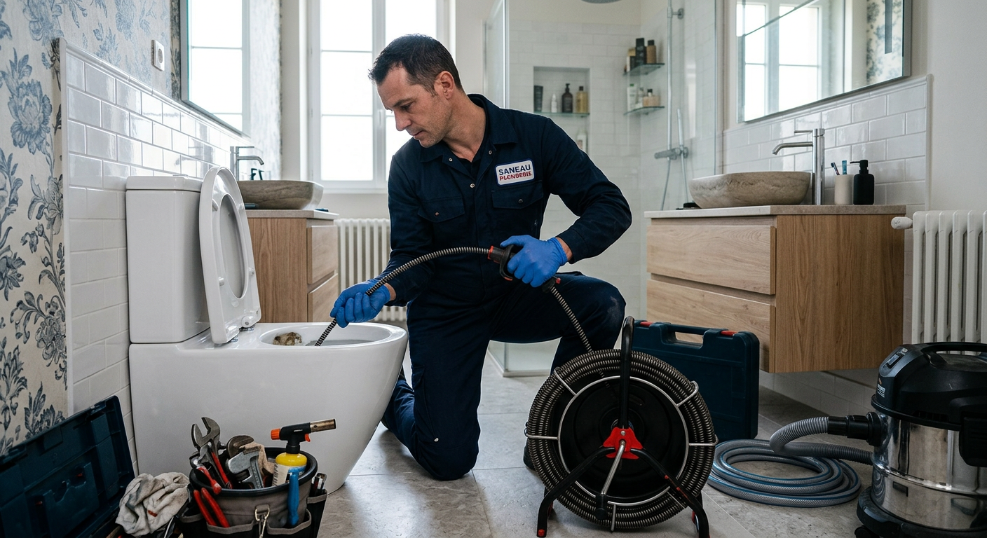 Plombier débouchant des WC au furet électrique dans un pavillon à Plaisir 78